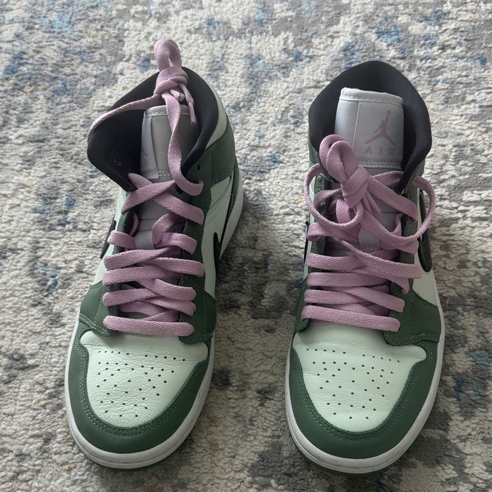 Jordan Women's Green and White Sneakers with Pink Laces